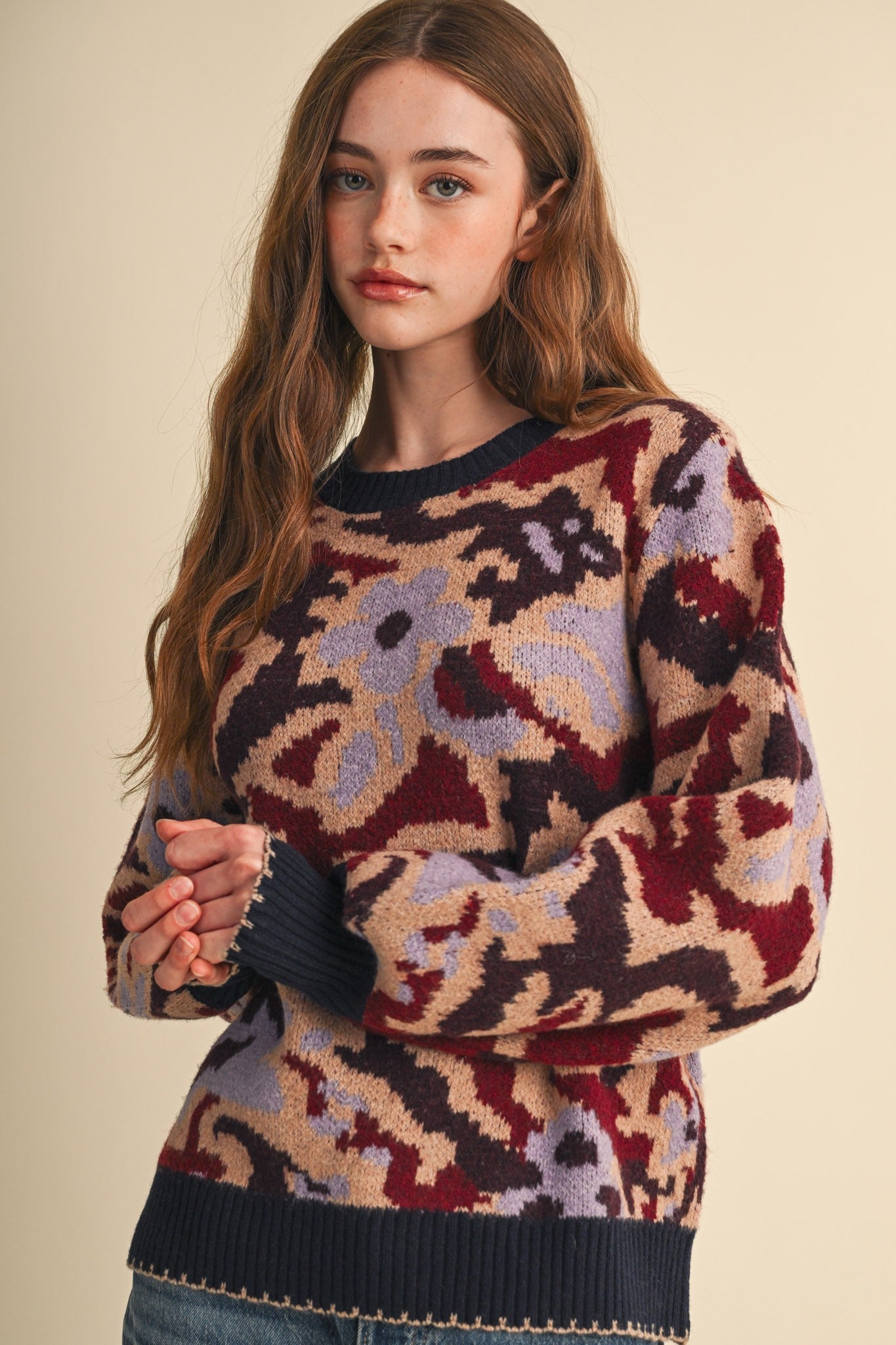 Wildbloom Abstract Floral Sweater - Navy Brick
