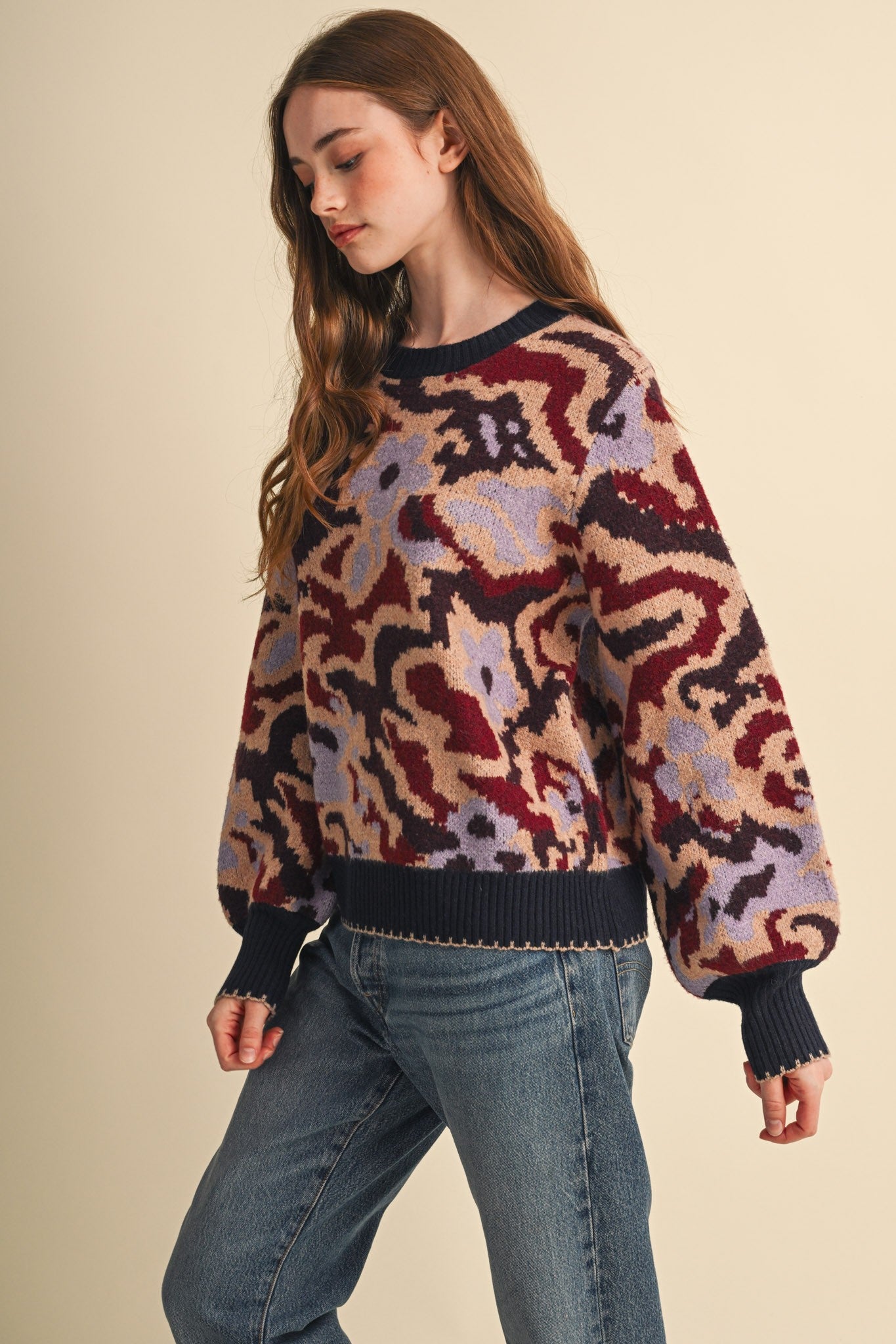 Wildbloom Abstract Floral Sweater - Navy Brick