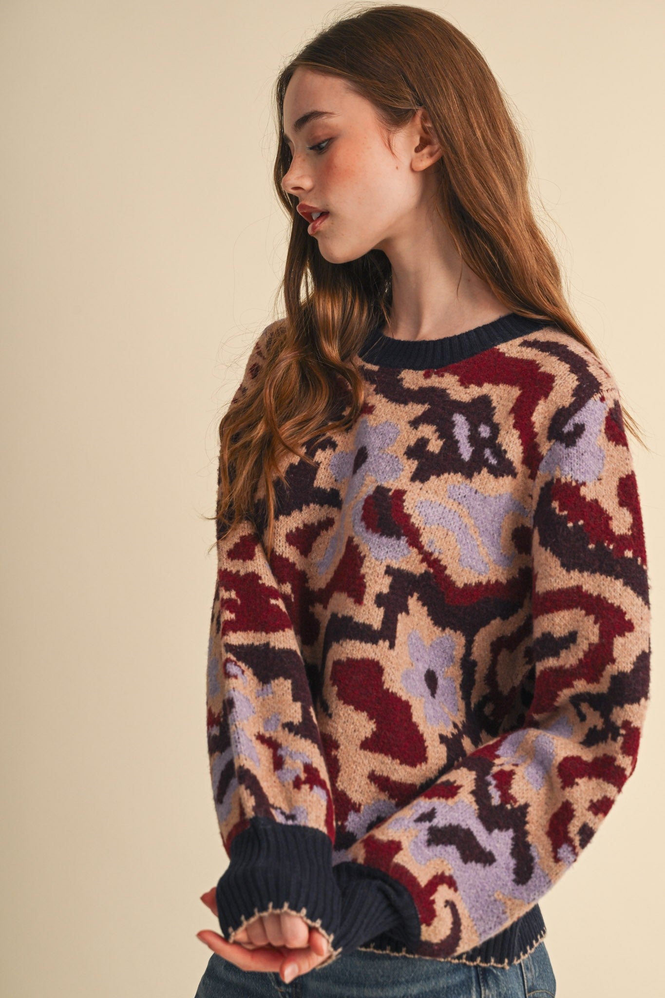 Wildbloom Abstract Floral Sweater - Navy Brick