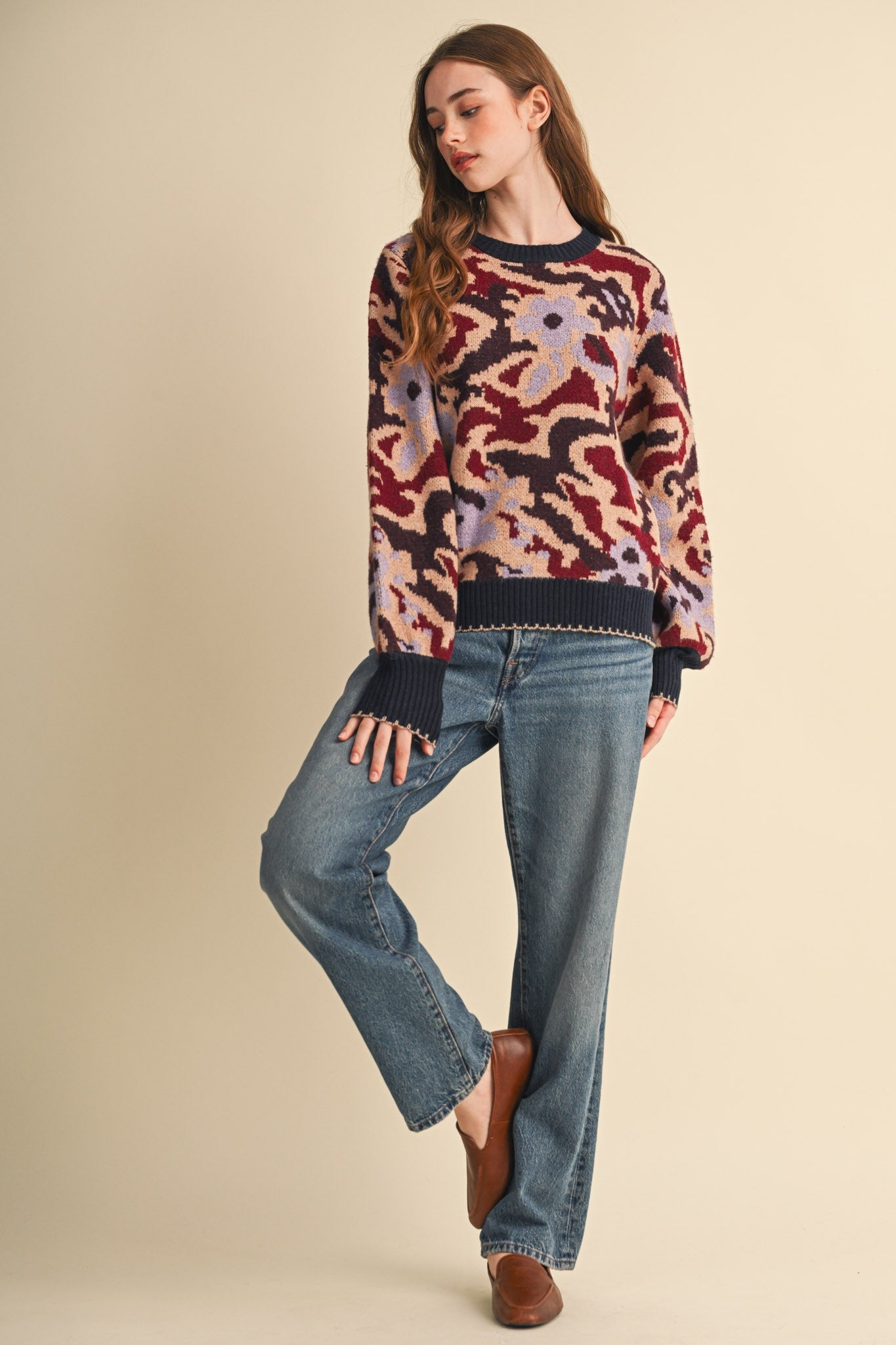 Wildbloom Abstract Floral Sweater - Navy Brick