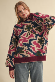 Wildbloom Abstract Floral Sweater - Wine