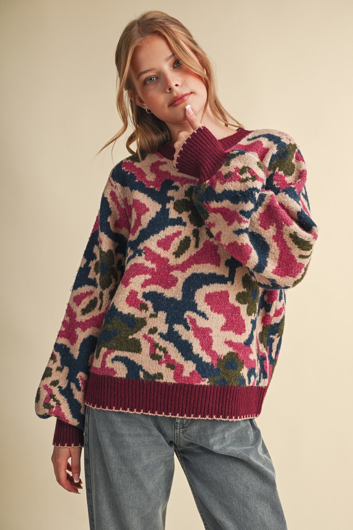 Wildbloom Abstract Floral Sweater - Wine