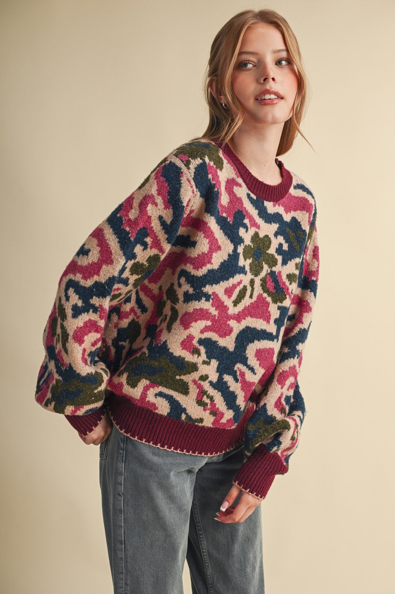Wildbloom Abstract Floral Sweater - Wine