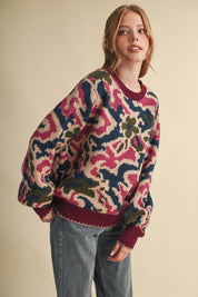 Wildbloom Abstract Floral Sweater - Wine