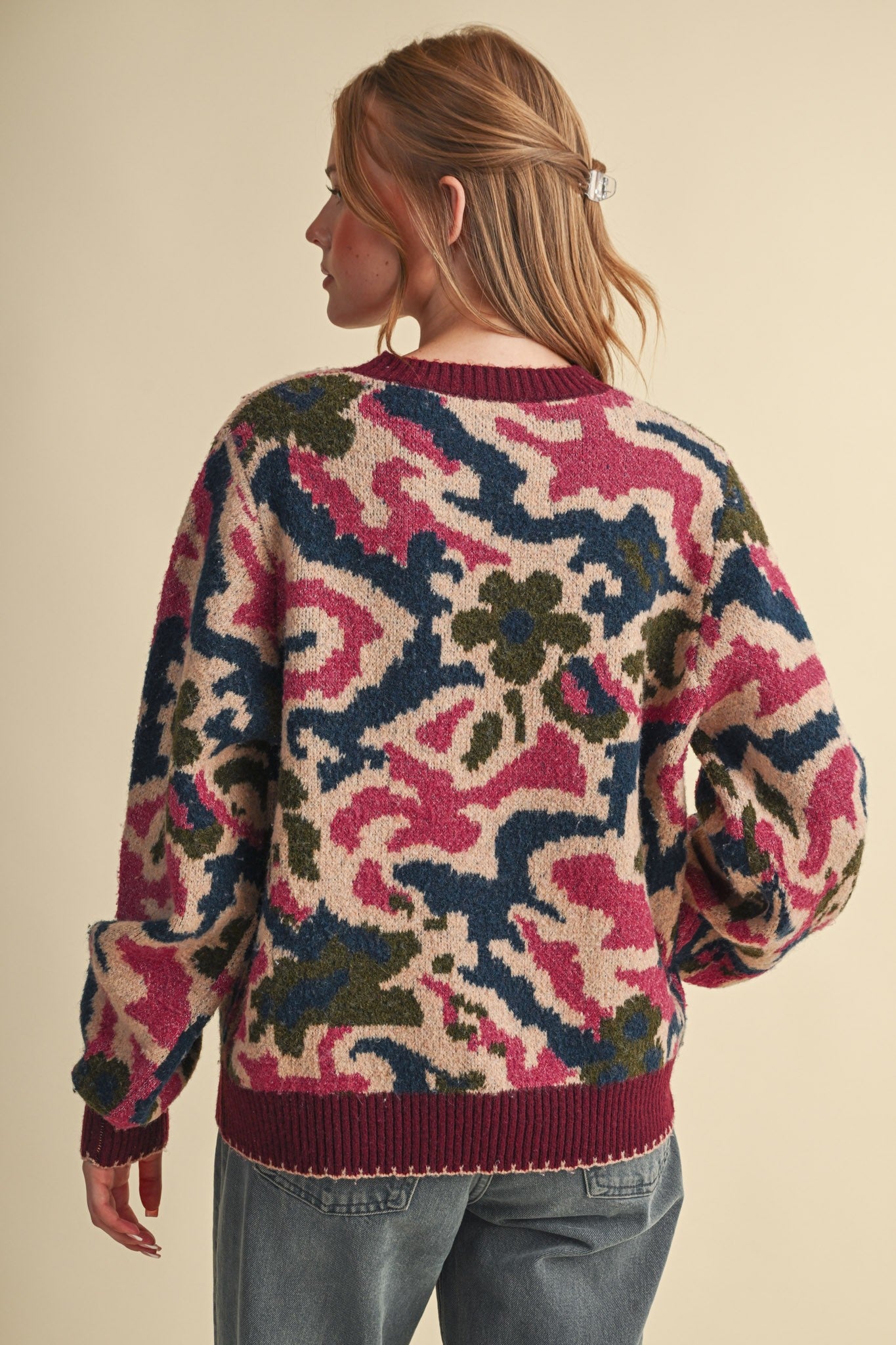 Wildbloom Abstract Floral Sweater - Wine