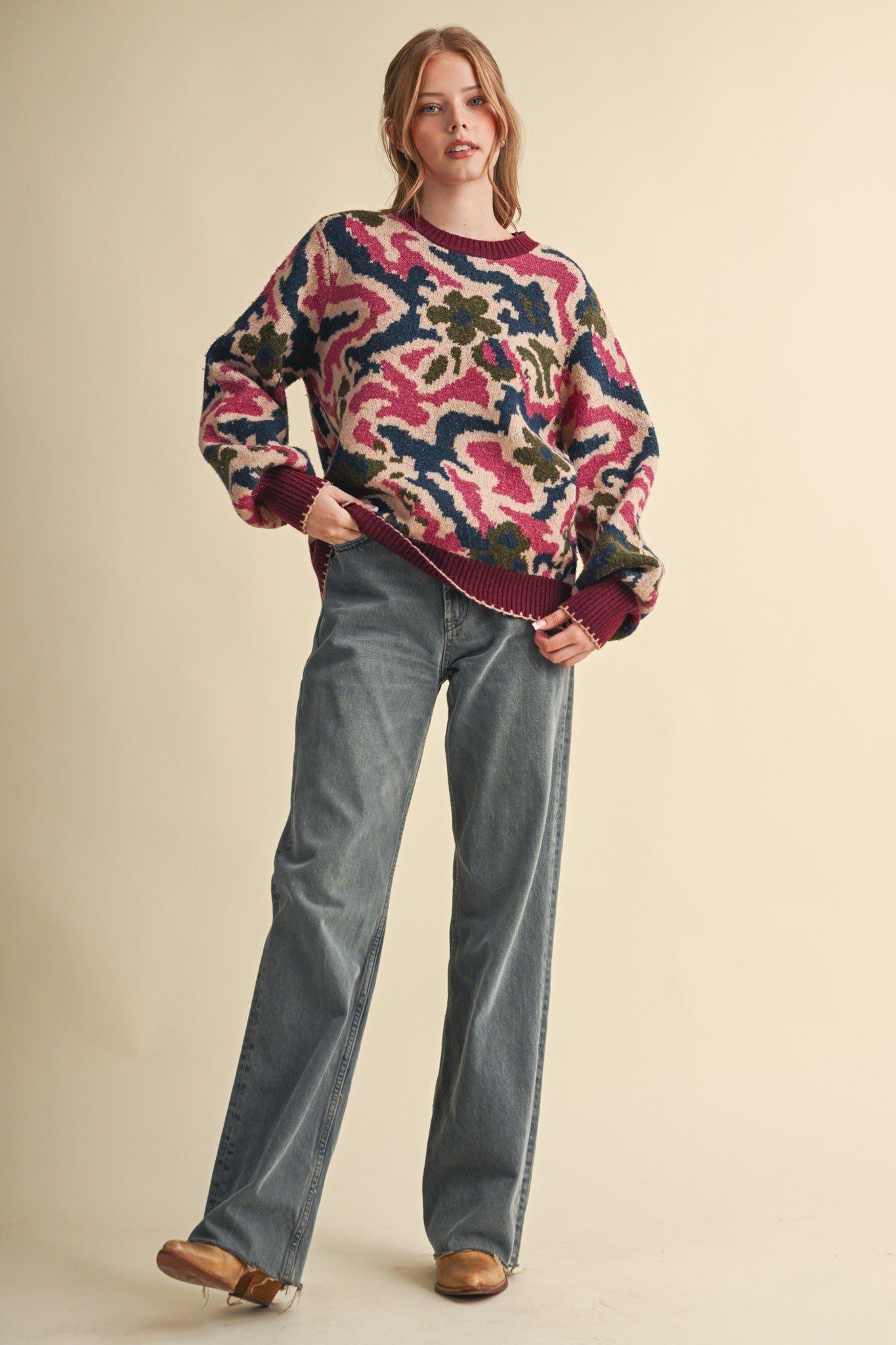 Wildbloom Abstract Floral Sweater - Wine