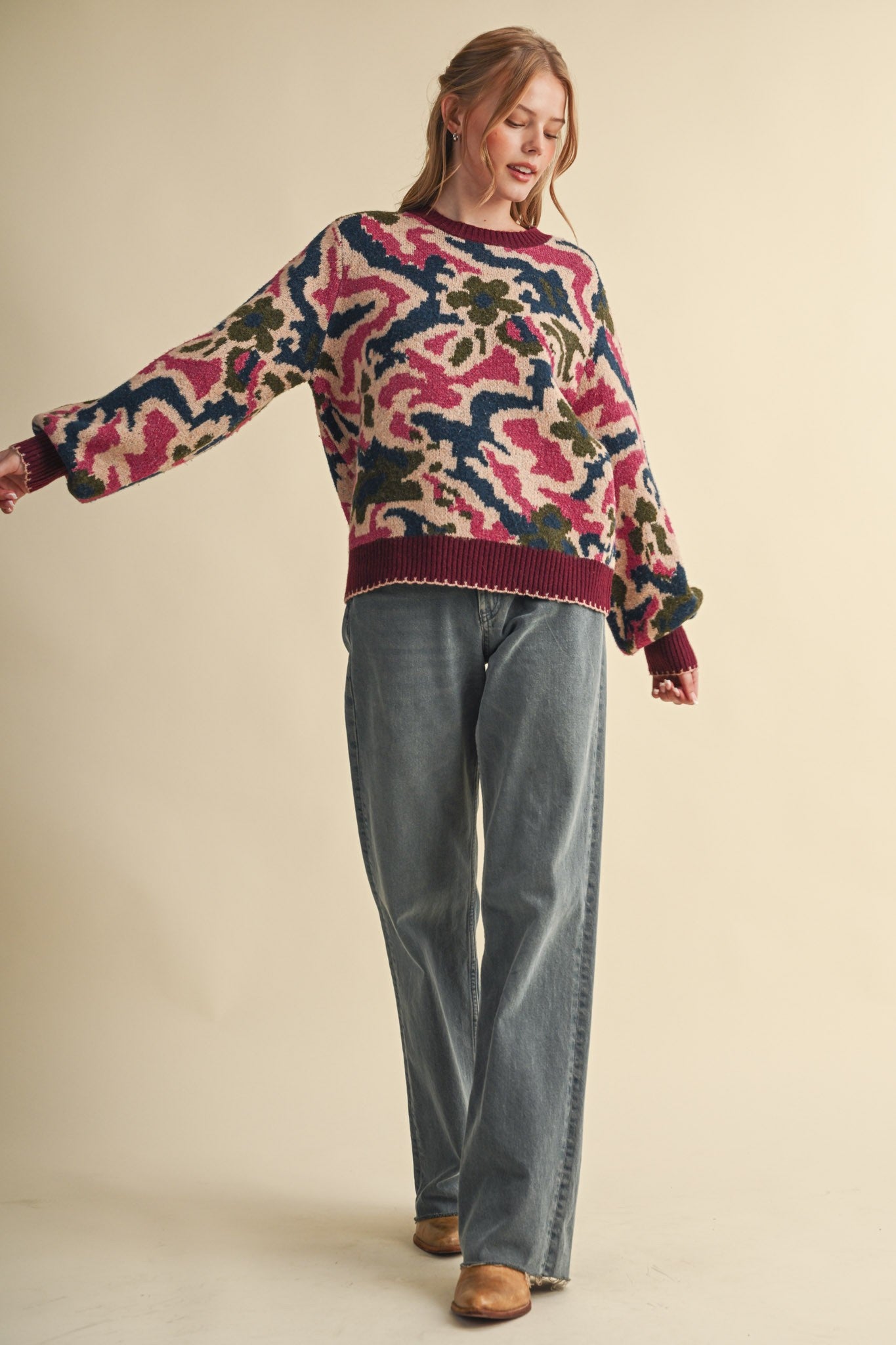 Wildbloom Abstract Floral Sweater - Wine