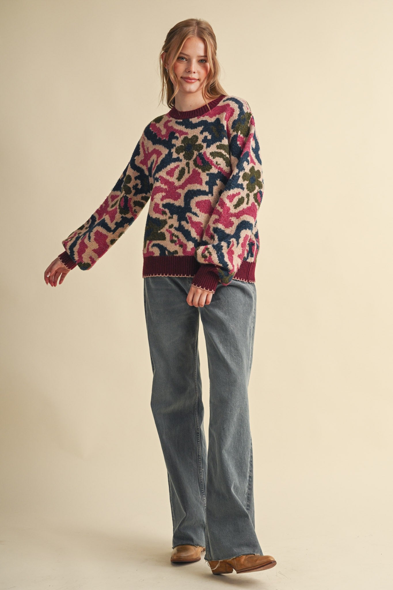 Wildbloom Abstract Floral Sweater - Wine
