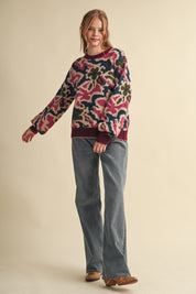 Wildbloom Abstract Floral Sweater - Wine