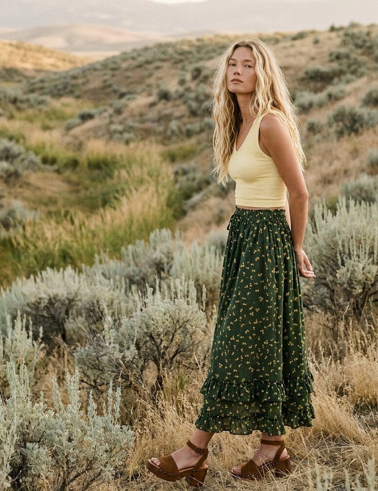 Wildflower Trails Ruffled Tiered Midi Skirt - Westly