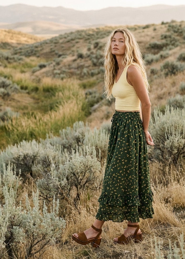 Wildflower Trails Ruffled Tiered Midi Skirt - Westly