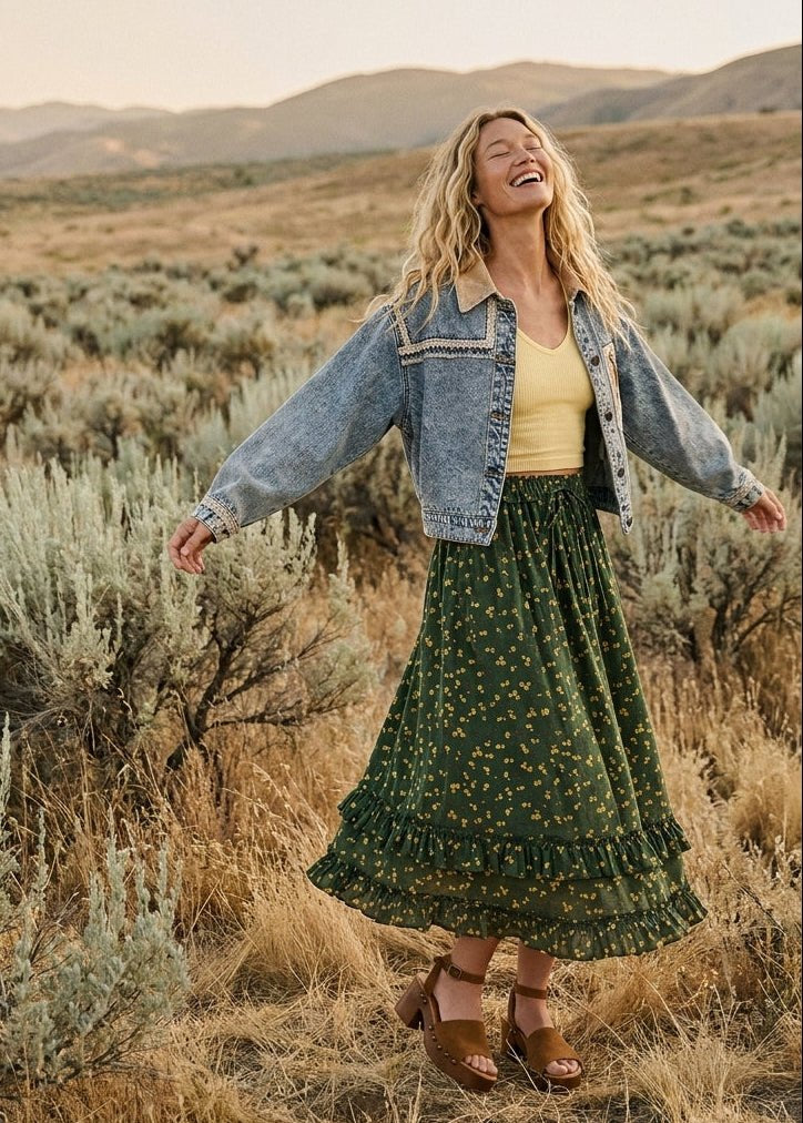 Wildflower Trails Ruffled Tiered Midi Skirt - Westly