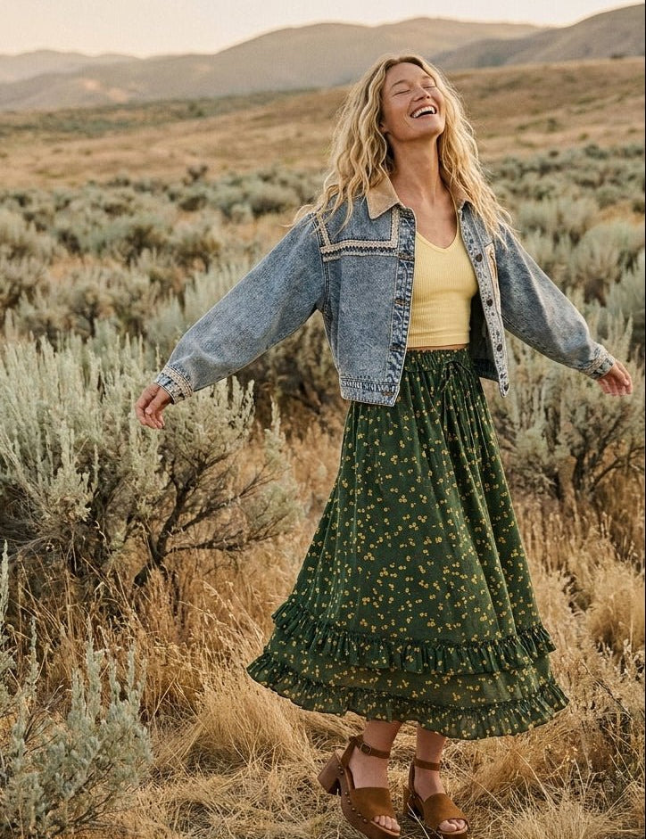 Wildflower Trails Ruffled Tiered Midi Skirt - Westly