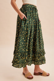 Wildflower Trails Ruffled Tiered Midi Skirt - Westly