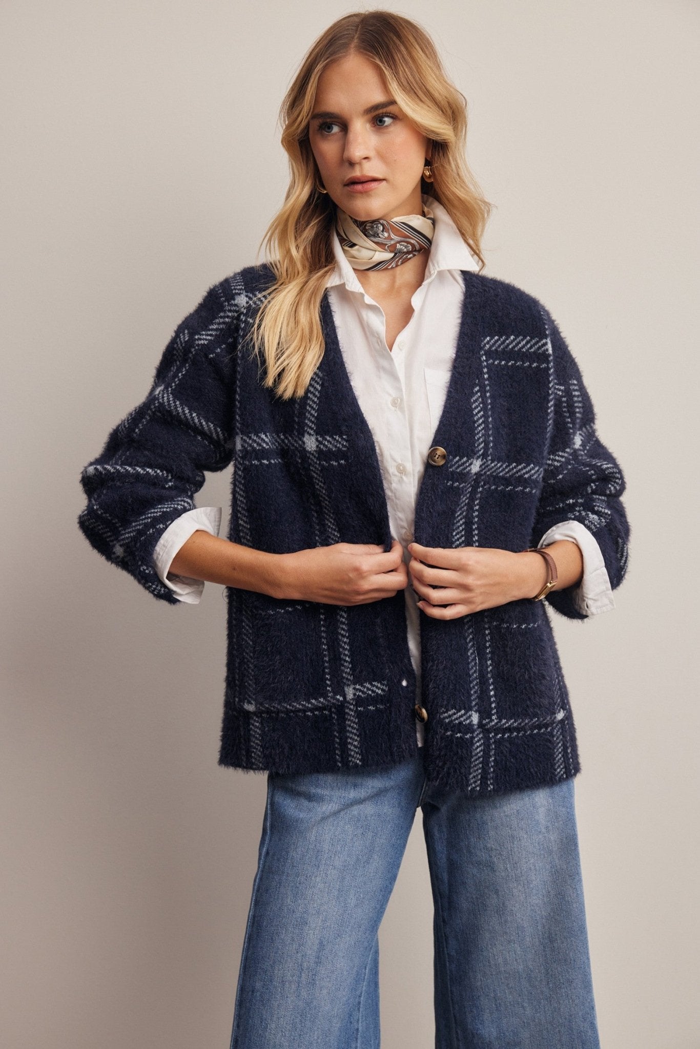 Windowseat Plaid Eyelash Knit Cardigan - Westly