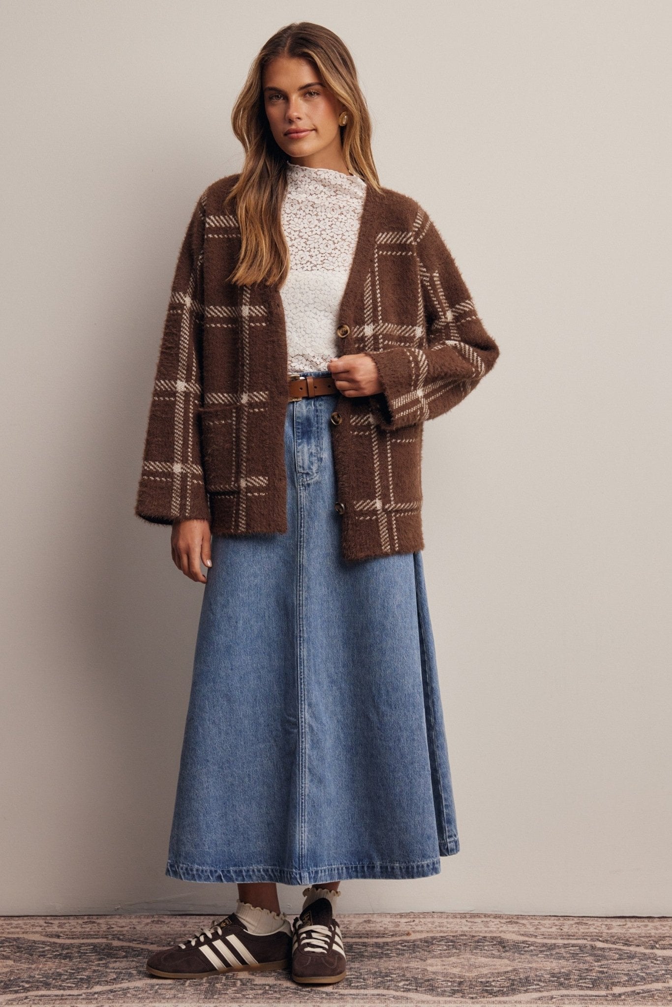 Windowseat Plaid Eyelash Knit Cardigan - Westly