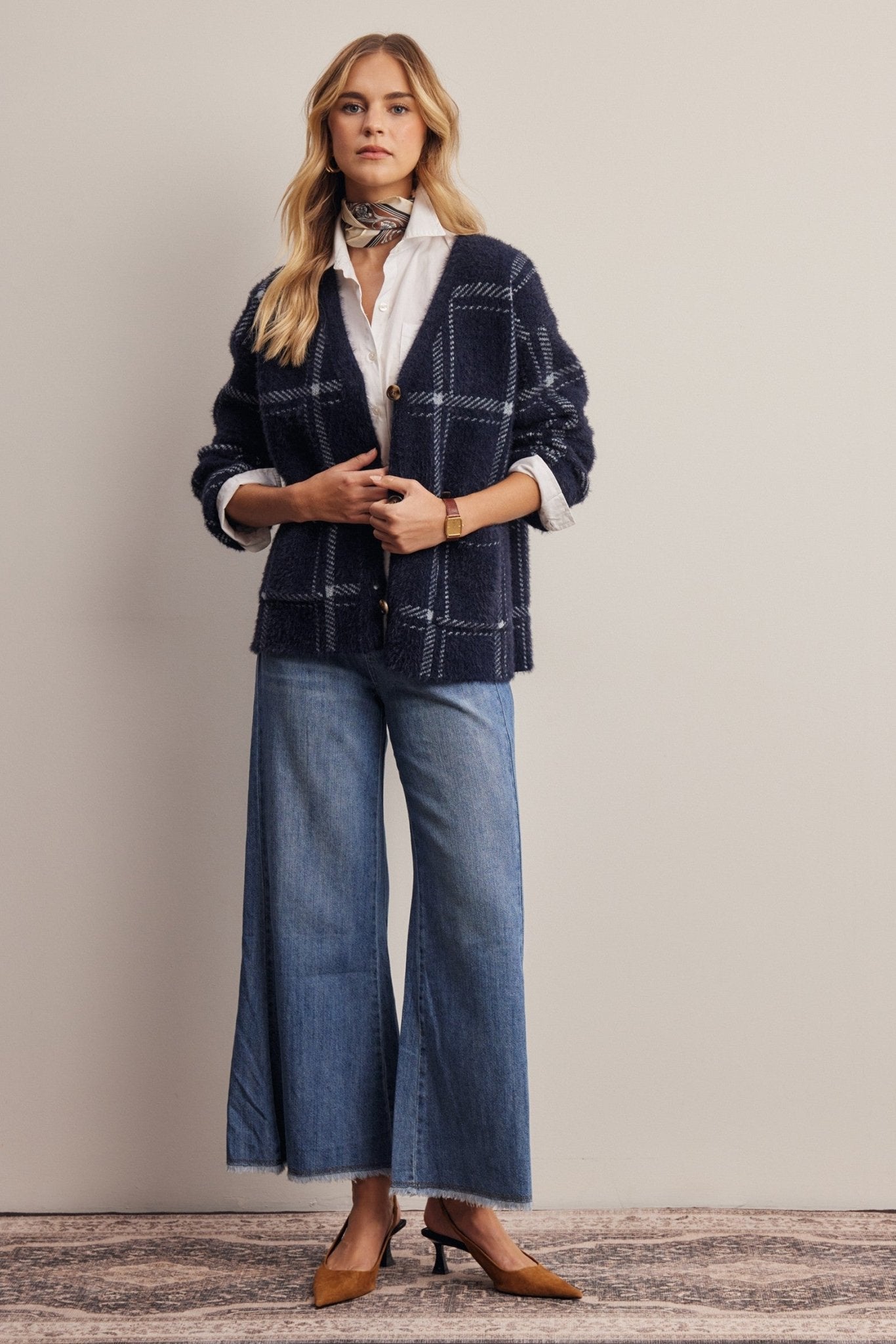 Windowseat Plaid Eyelash Knit Cardigan - Westly