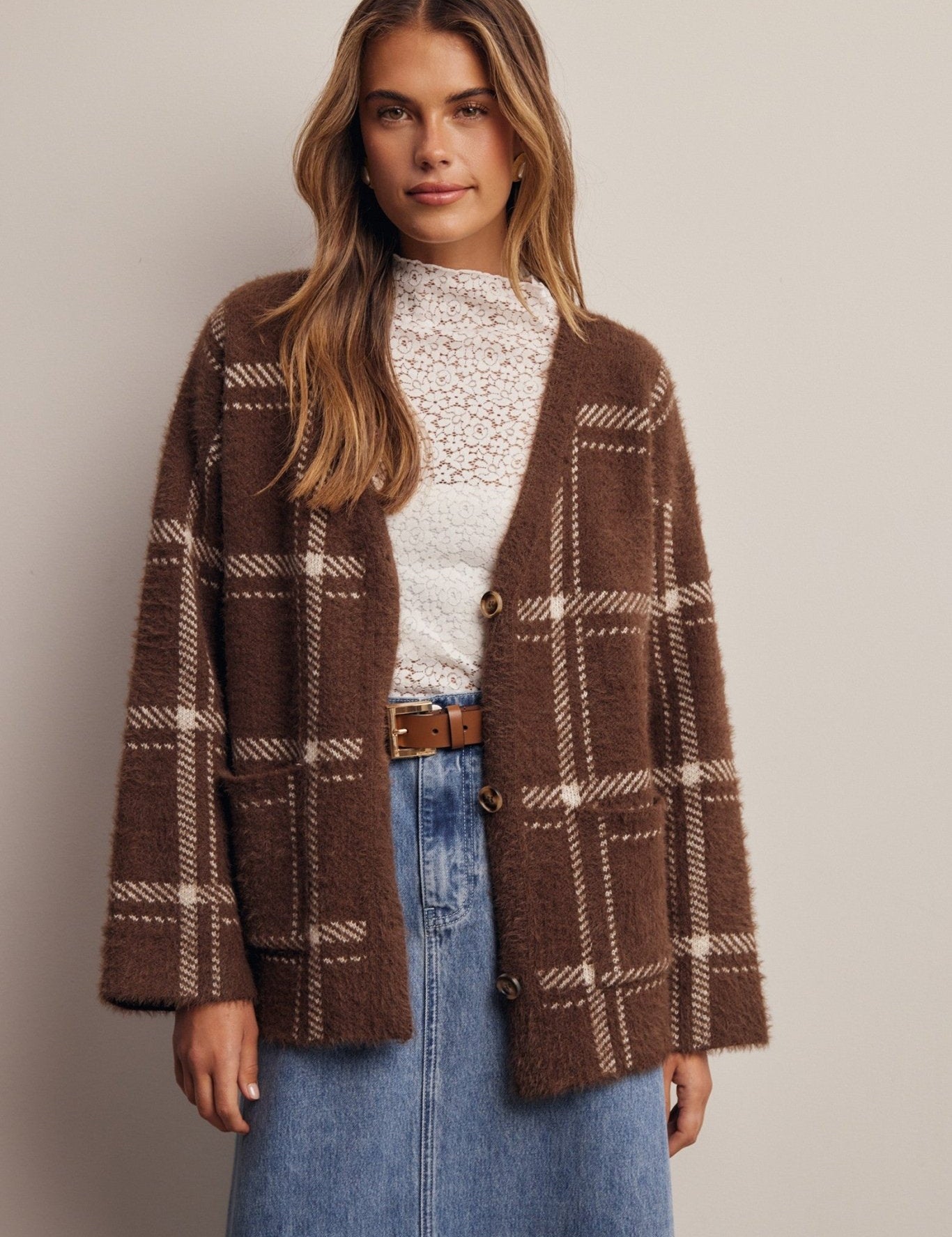 Windowseat Plaid Eyelash Knit Cardigan - Westly