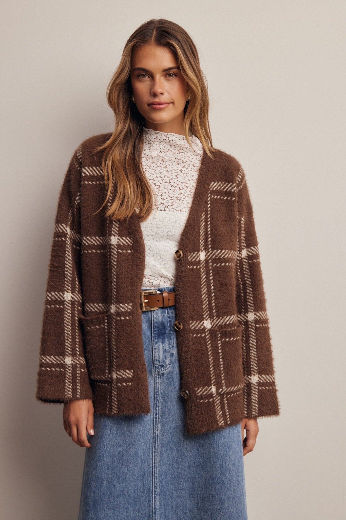 Windowseat Plaid Eyelash Knit Cardigan - Westly