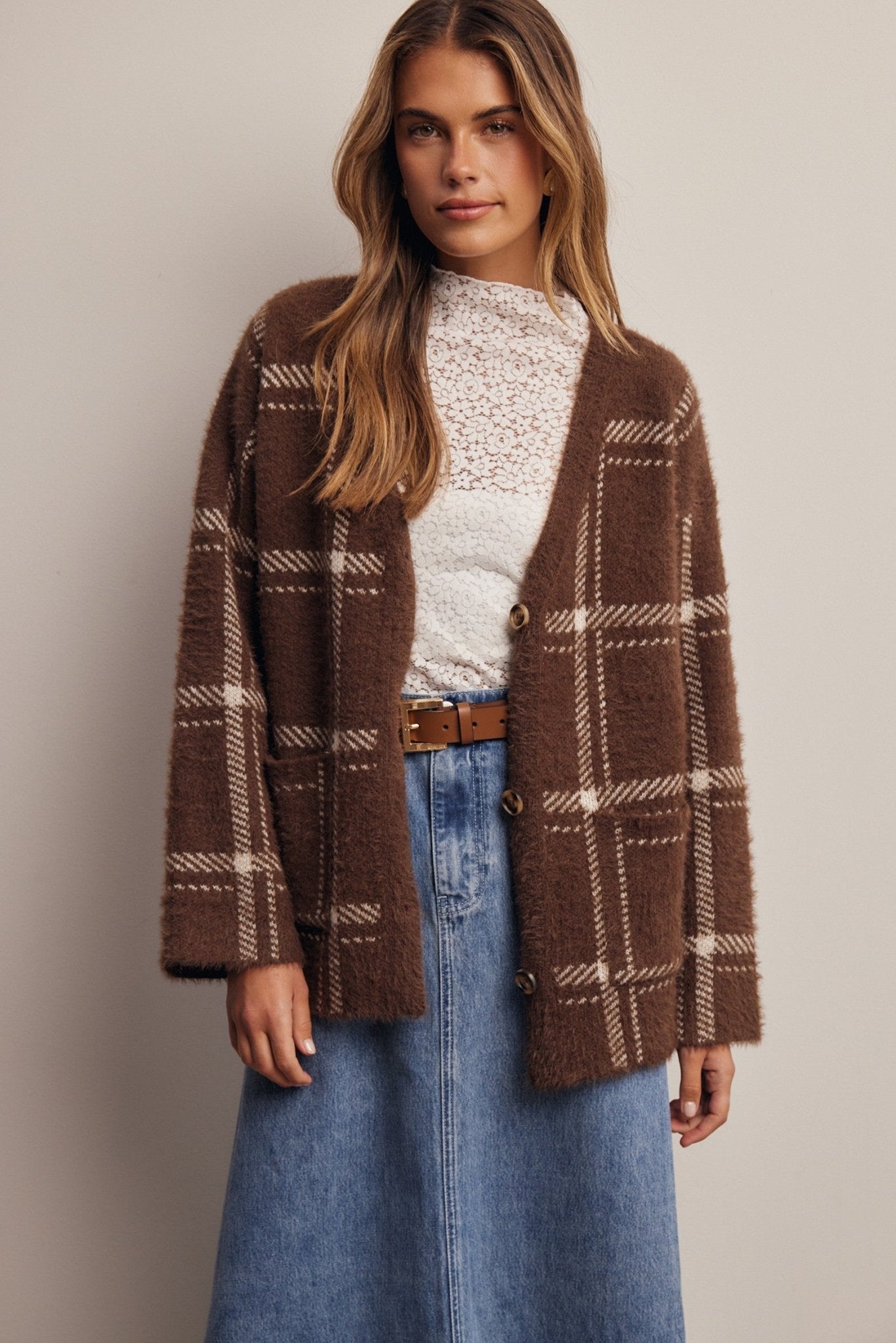 Windowseat Plaid Eyelash Knit Cardigan - Westly