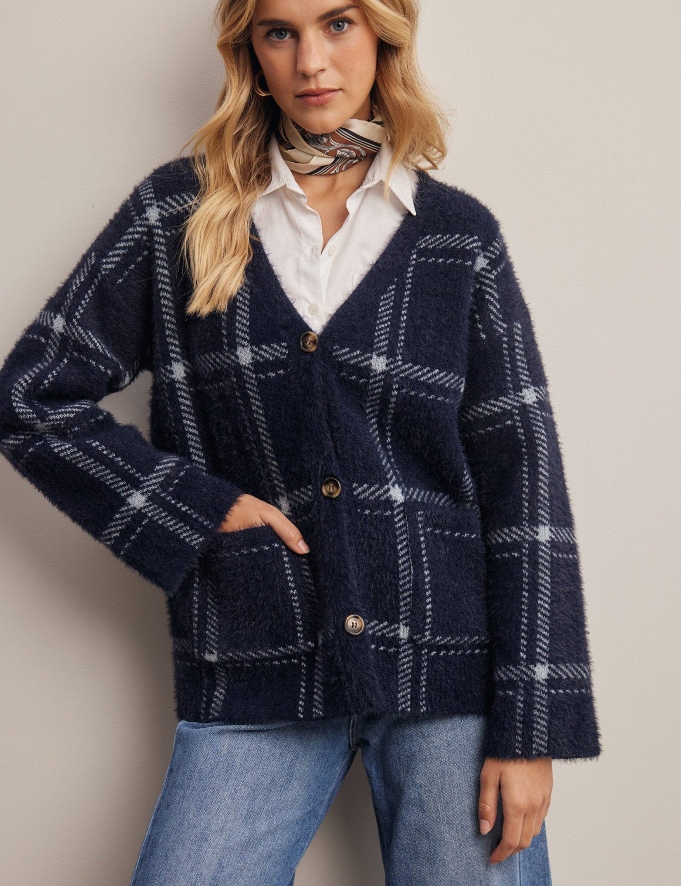 Windowseat Plaid Eyelash Knit Cardigan - Westly