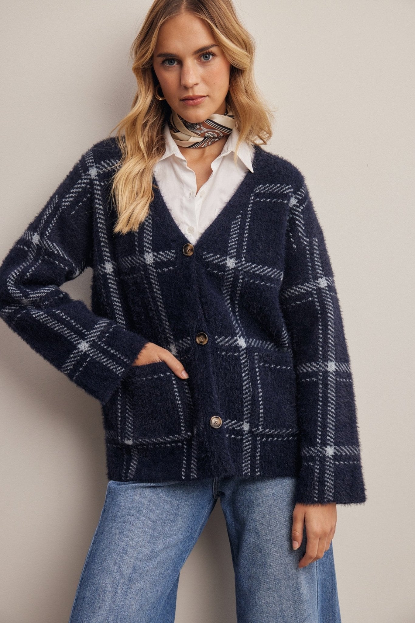 Windowseat Plaid Eyelash Knit Cardigan - Westly