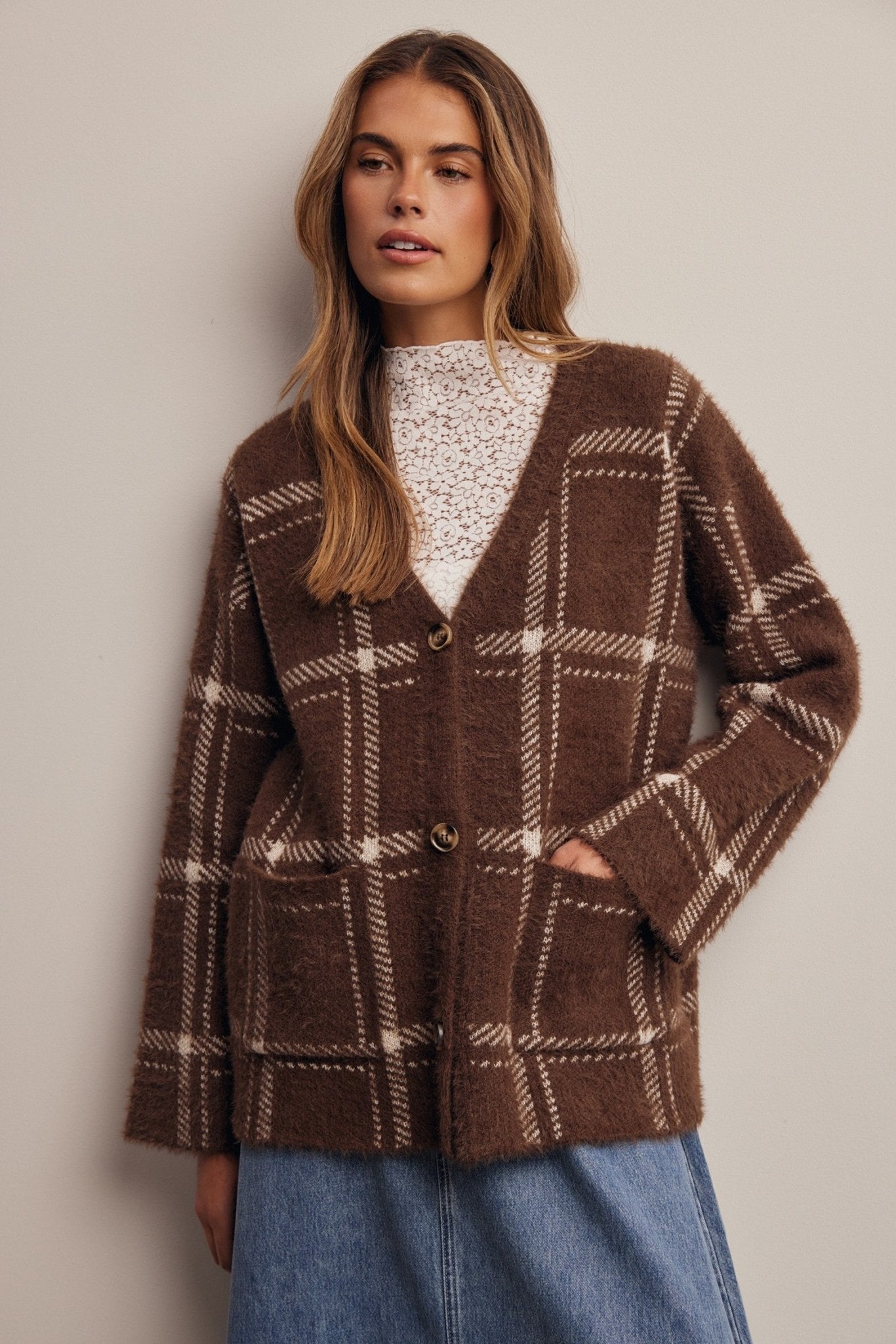 Windowseat Plaid Eyelash Knit Cardigan - Westly