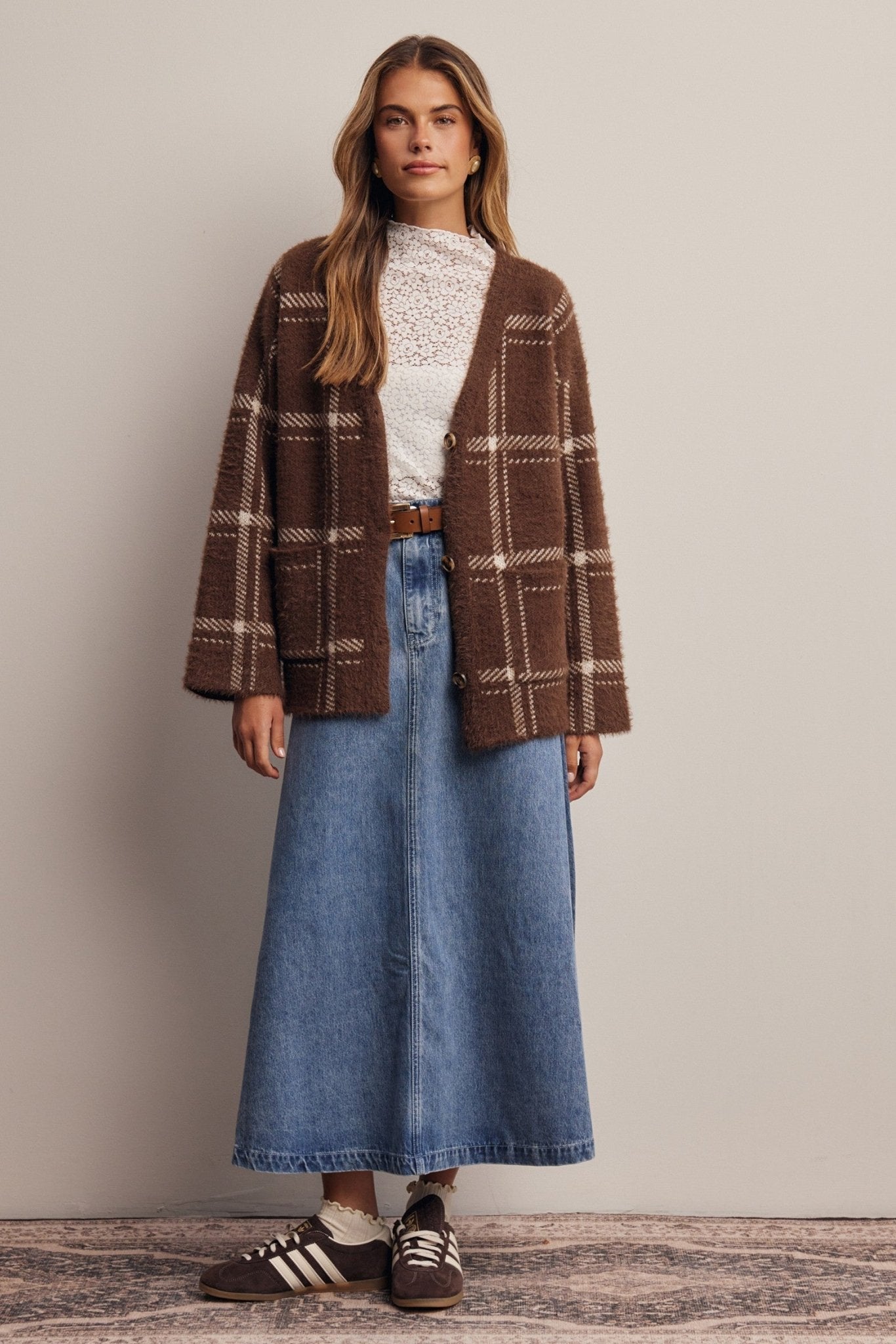 Windowseat Plaid Eyelash Knit Cardigan - Westly
