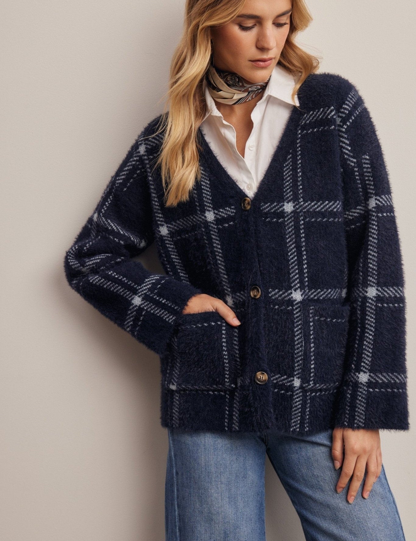 Windowseat Plaid Eyelash Knit Cardigan - Westly