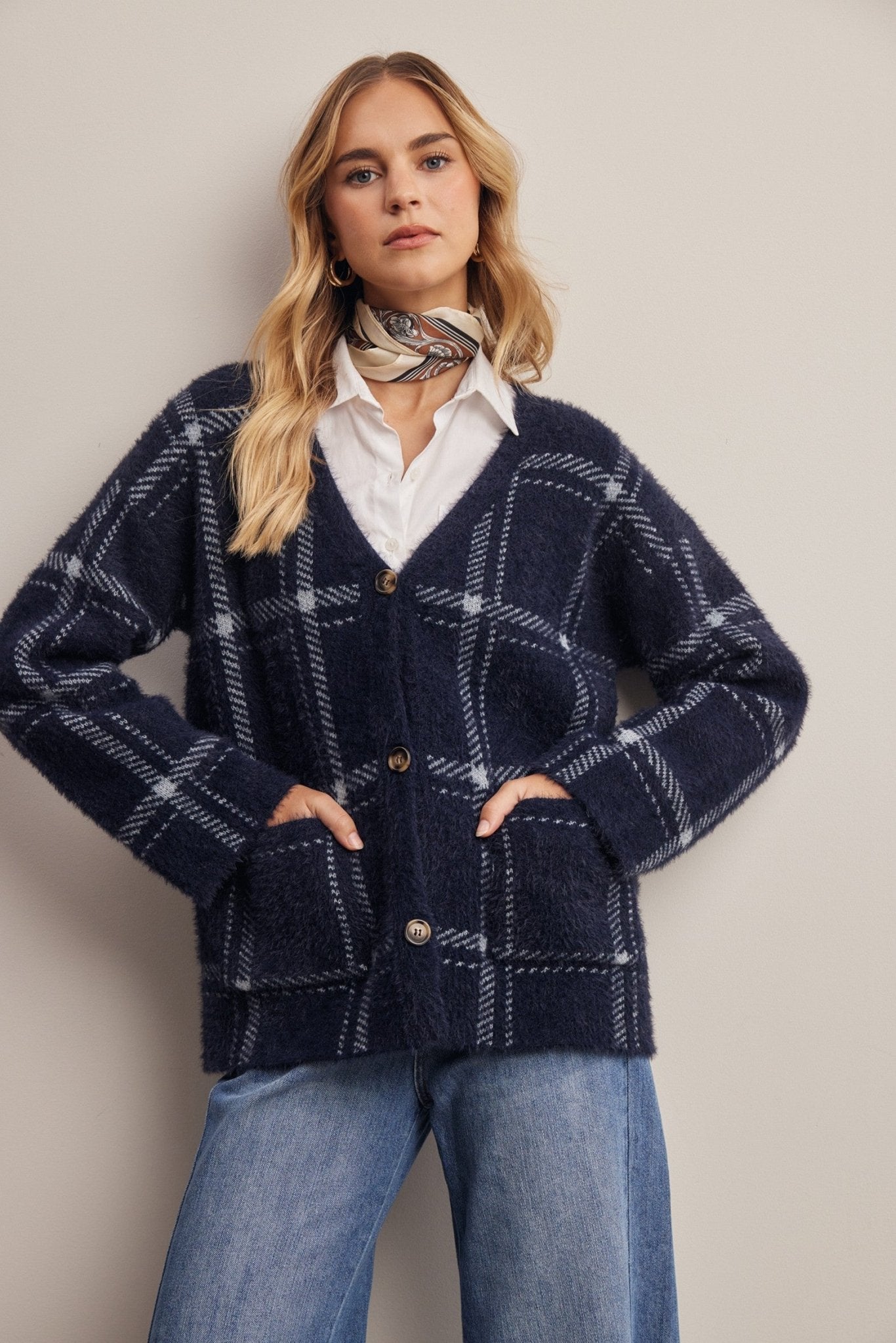 Windowseat Plaid Eyelash Knit Cardigan - Westly