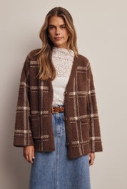 Windowseat Plaid Eyelash Knit Cardigan in Espresso, photo 1