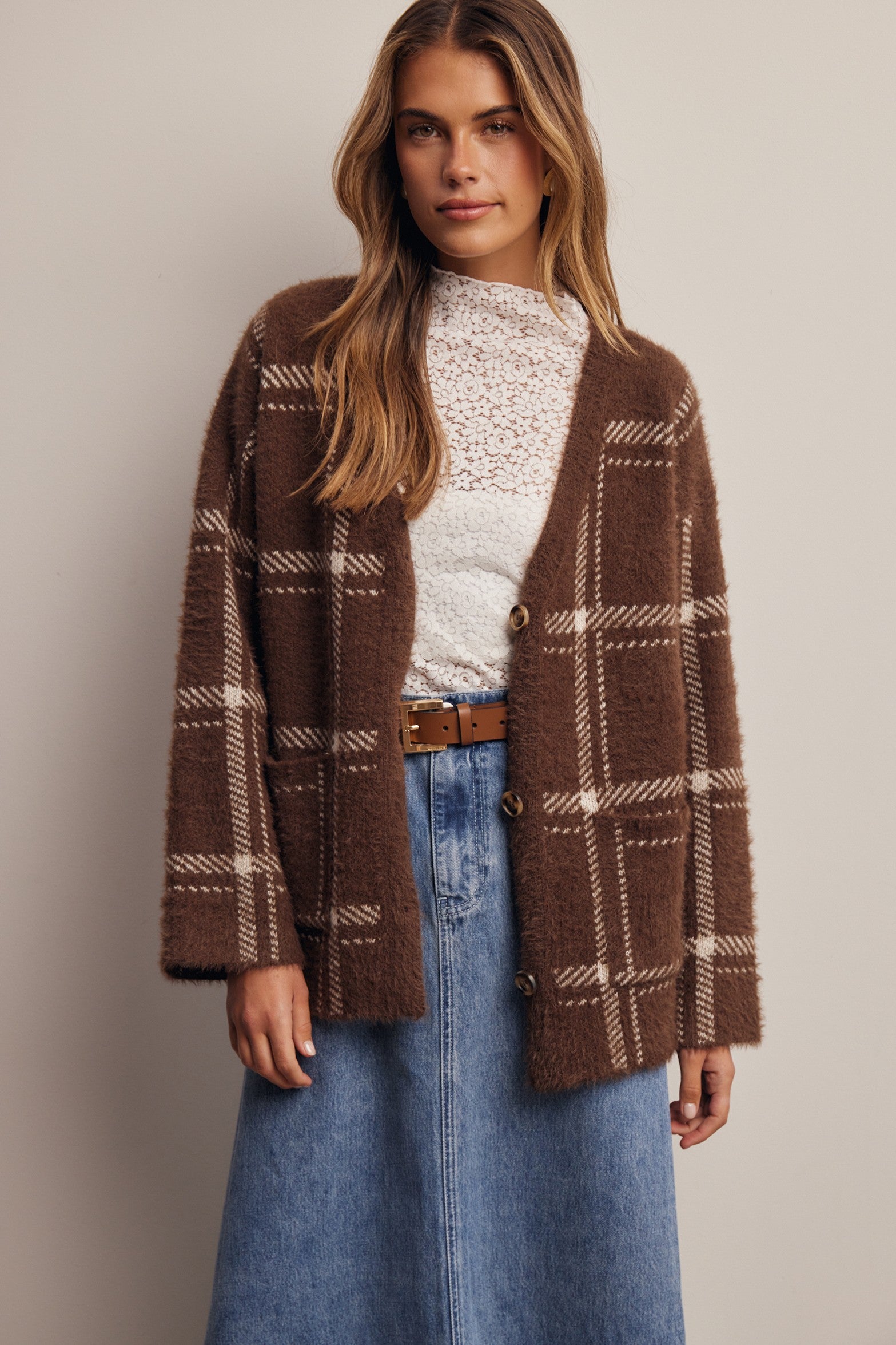 Windowseat Plaid Eyelash Knit Cardigan in Espresso, photo 2