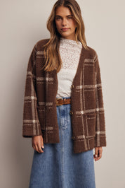 Windowseat Plaid Eyelash Knit Cardigan in Espresso, photo 2