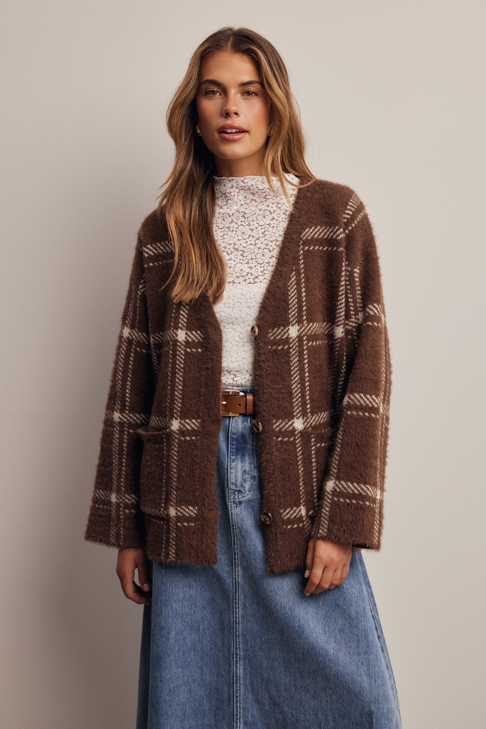 Windowseat Plaid Eyelash Knit Cardigan in Espresso, photo 3