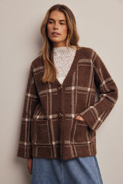 Windowseat Plaid Eyelash Knit Cardigan in Espresso, photo 4