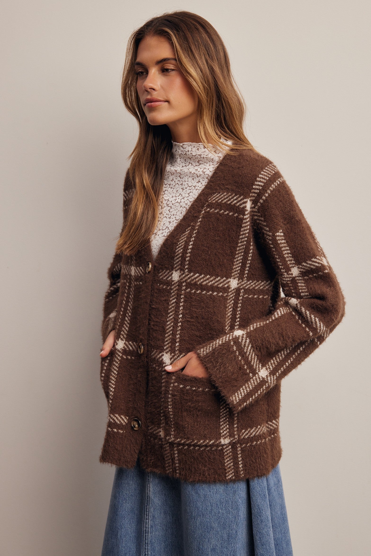 Windowseat Plaid Eyelash Knit Cardigan in Espresso, photo 5
