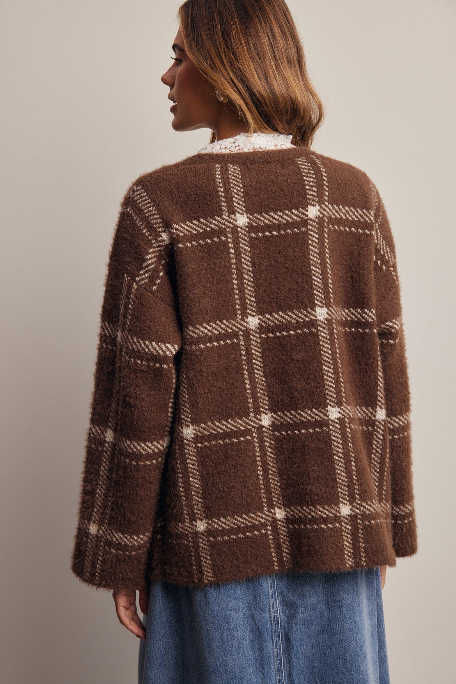 Windowseat Plaid Eyelash Knit Cardigan in Espresso, photo 7