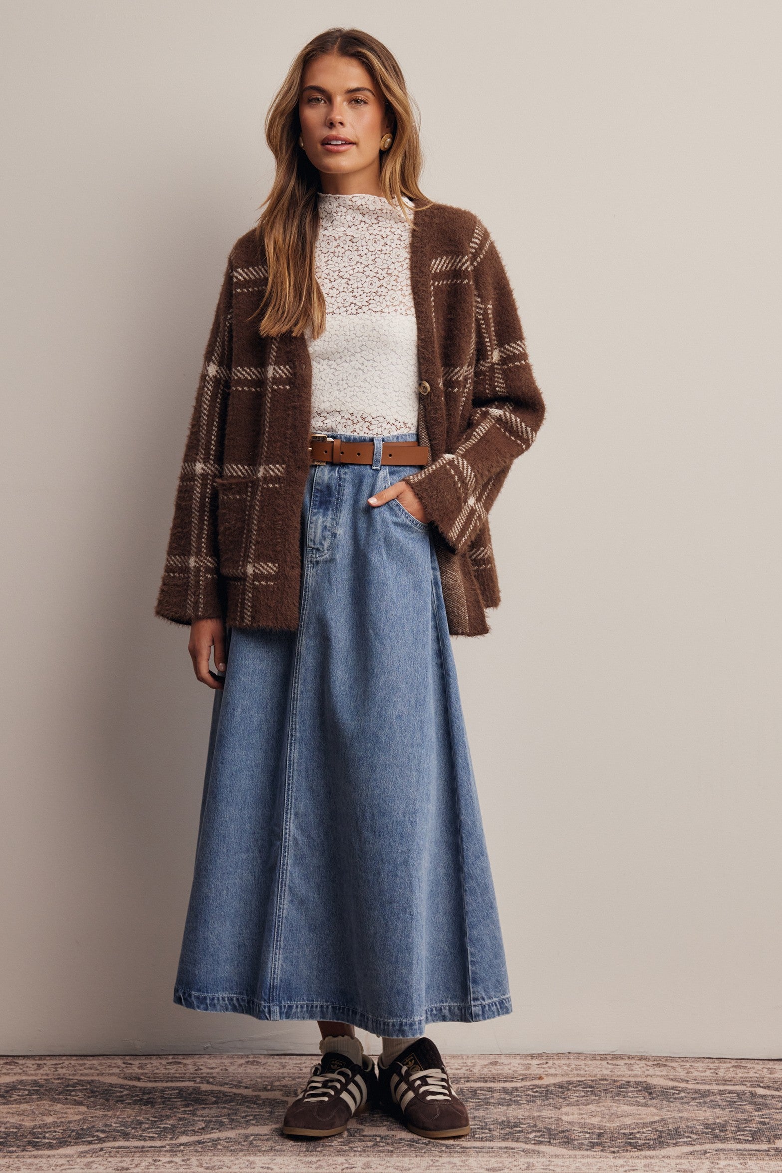 Windowseat Plaid Eyelash Knit Cardigan in Espresso, photo 10
