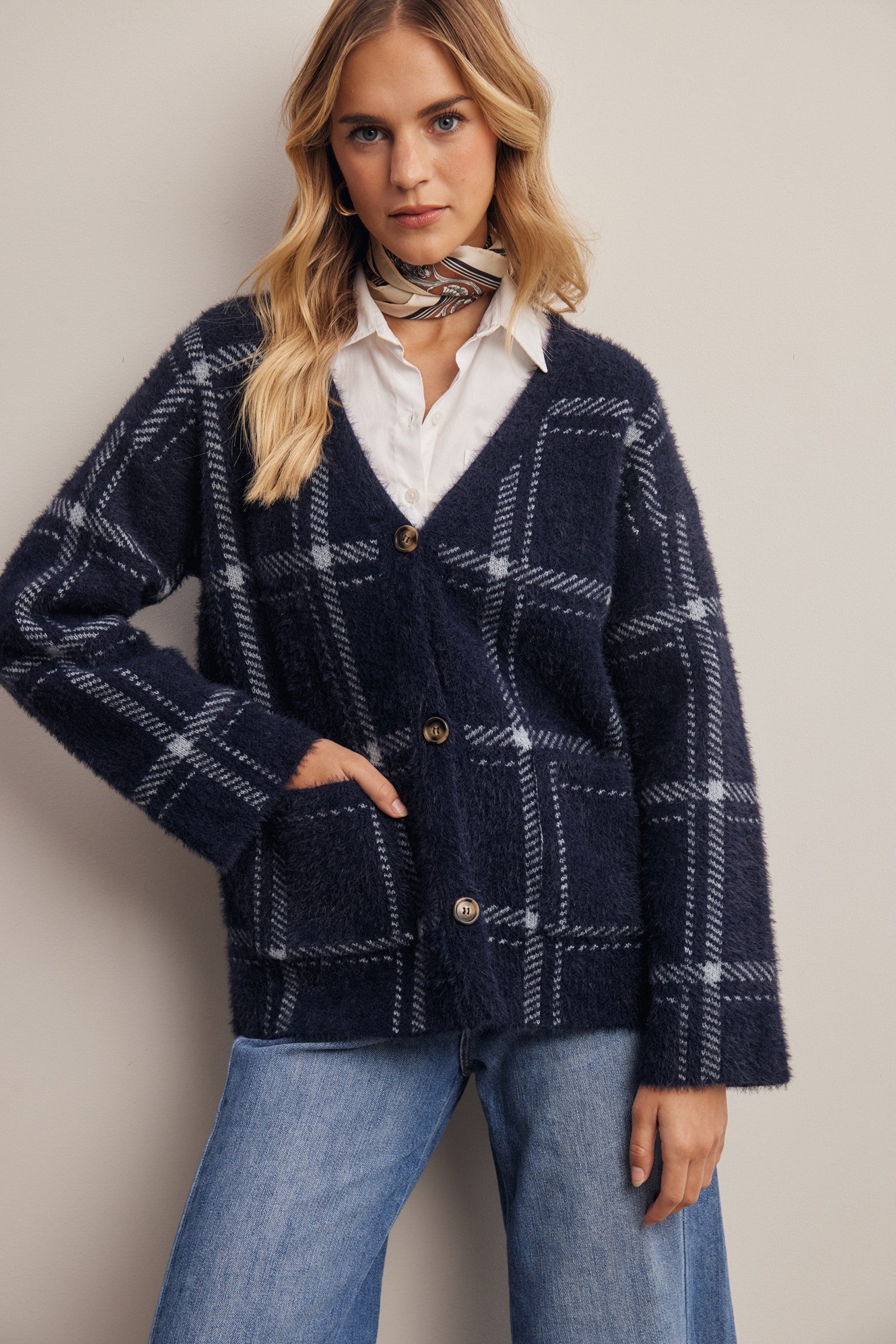 Windowseat Plaid Eyelash Knit Cardigan in Navy, photo 1