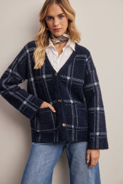 Windowseat Plaid Eyelash Knit Cardigan in Navy, photo 1