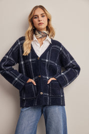 Windowseat Plaid Eyelash Knit Cardigan in Navy, photo 3