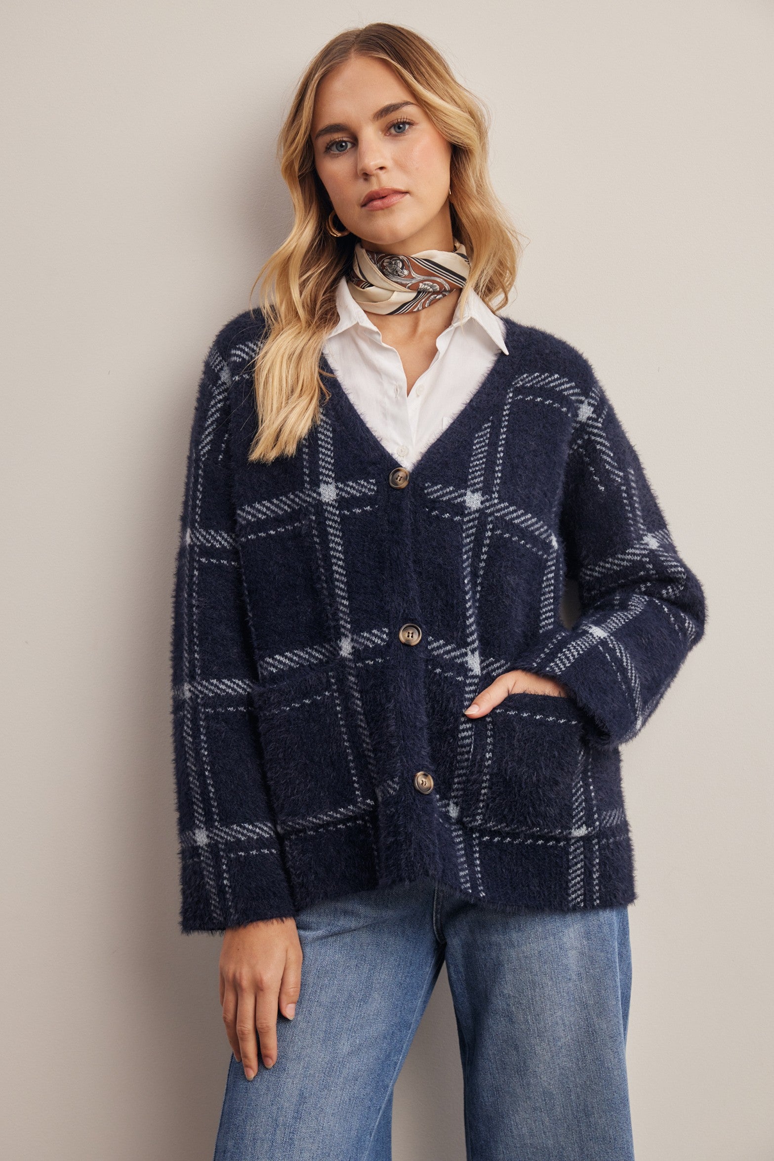 Windowseat Plaid Eyelash Knit Cardigan in Navy, photo 4
