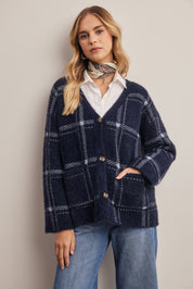 Windowseat Plaid Eyelash Knit Cardigan in Navy, photo 4