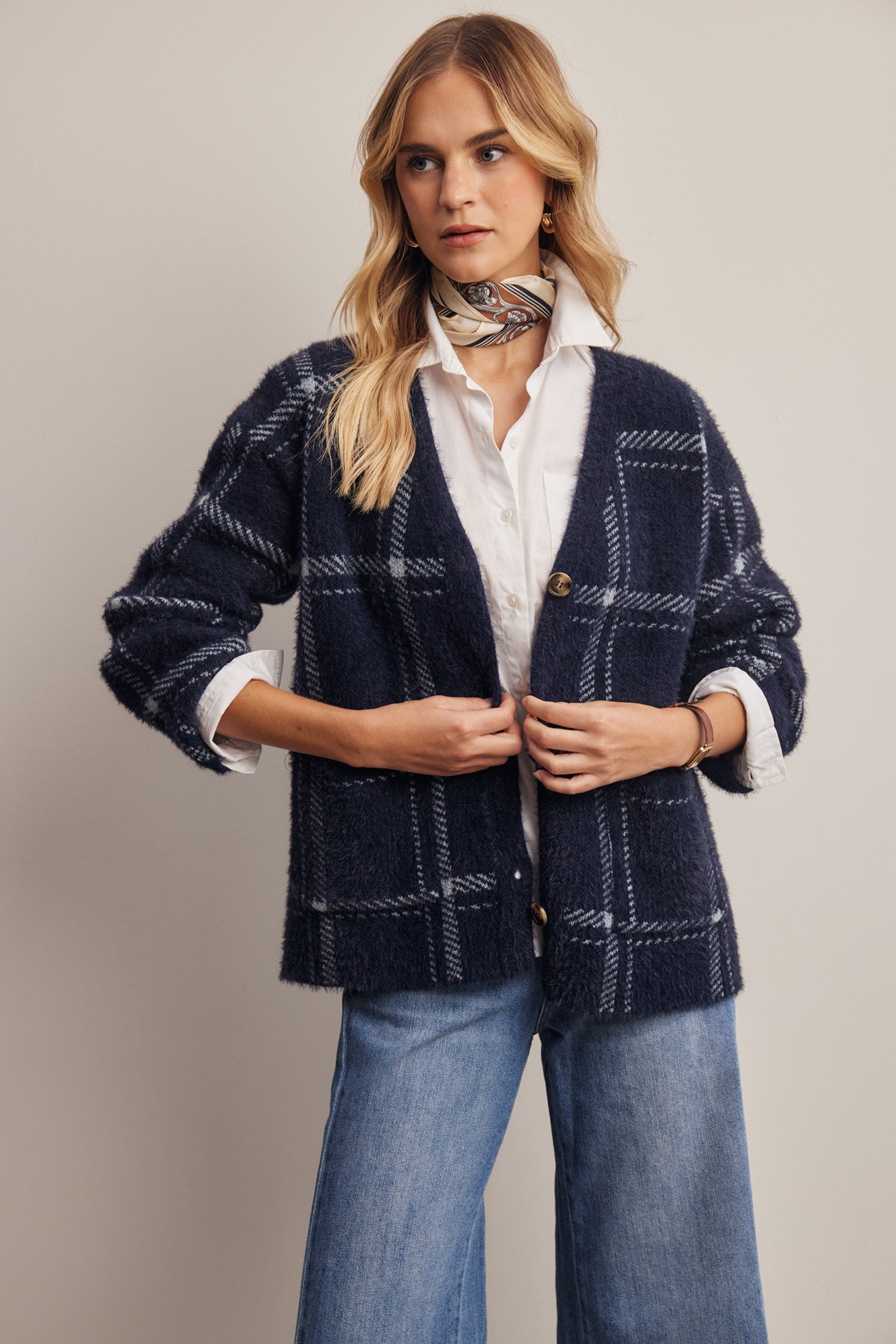 Windowseat Plaid Eyelash Knit Cardigan in Navy, photo 5