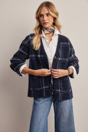 Windowseat Plaid Eyelash Knit Cardigan in Navy, photo 5