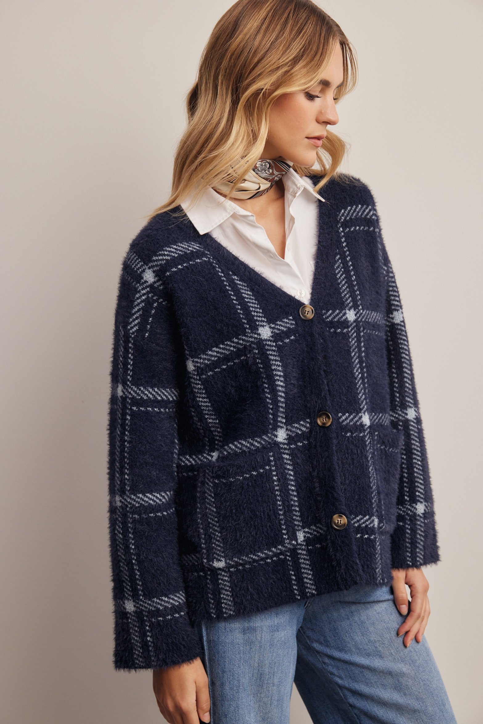 Windowseat Plaid Eyelash Knit Cardigan in Navy, photo 7
