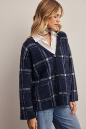 Windowseat Plaid Eyelash Knit Cardigan in Navy, photo 7