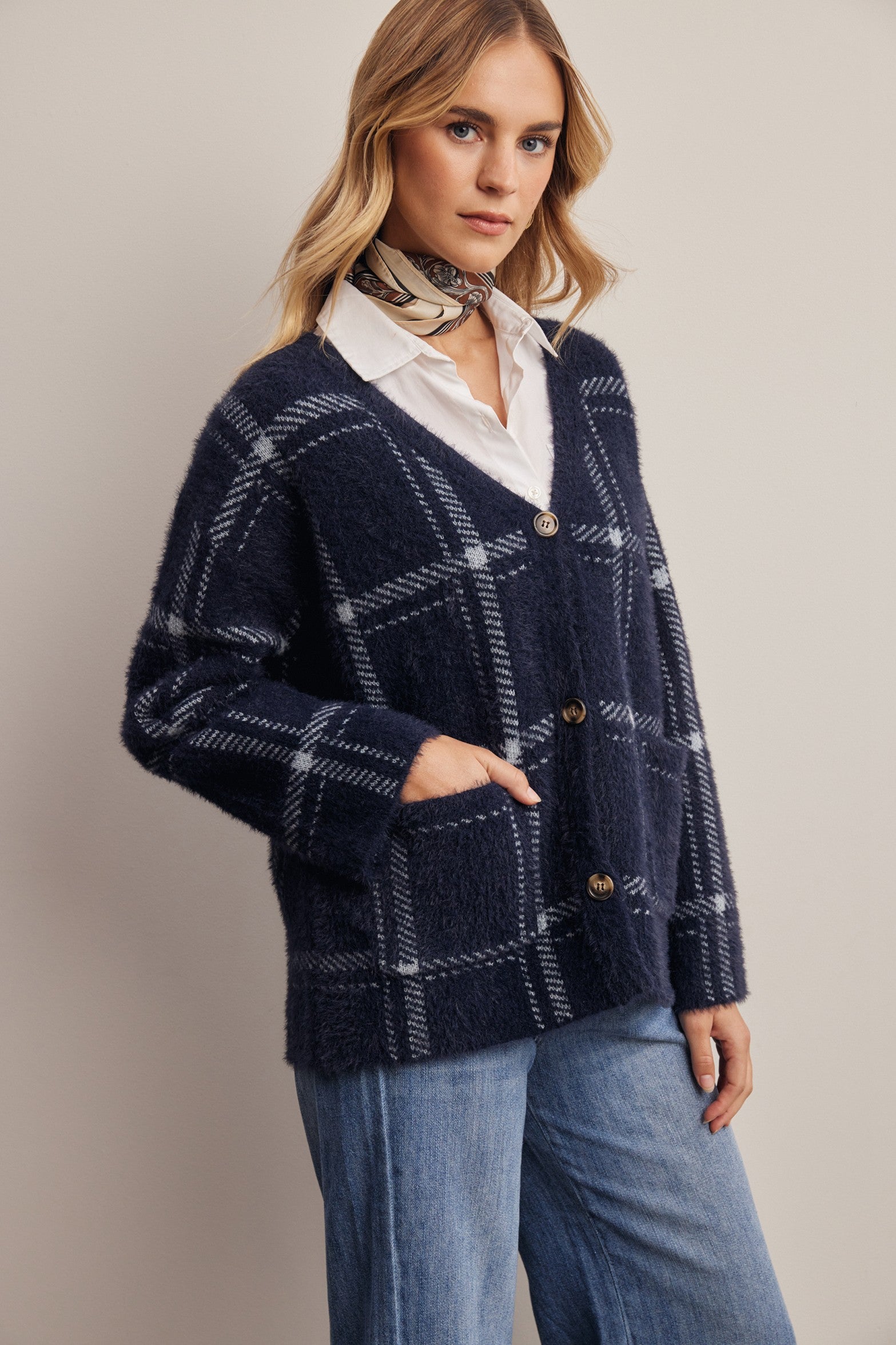 Windowseat Plaid Eyelash Knit Cardigan in Navy, photo 8