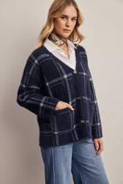 Windowseat Plaid Eyelash Knit Cardigan in Navy, photo 8
