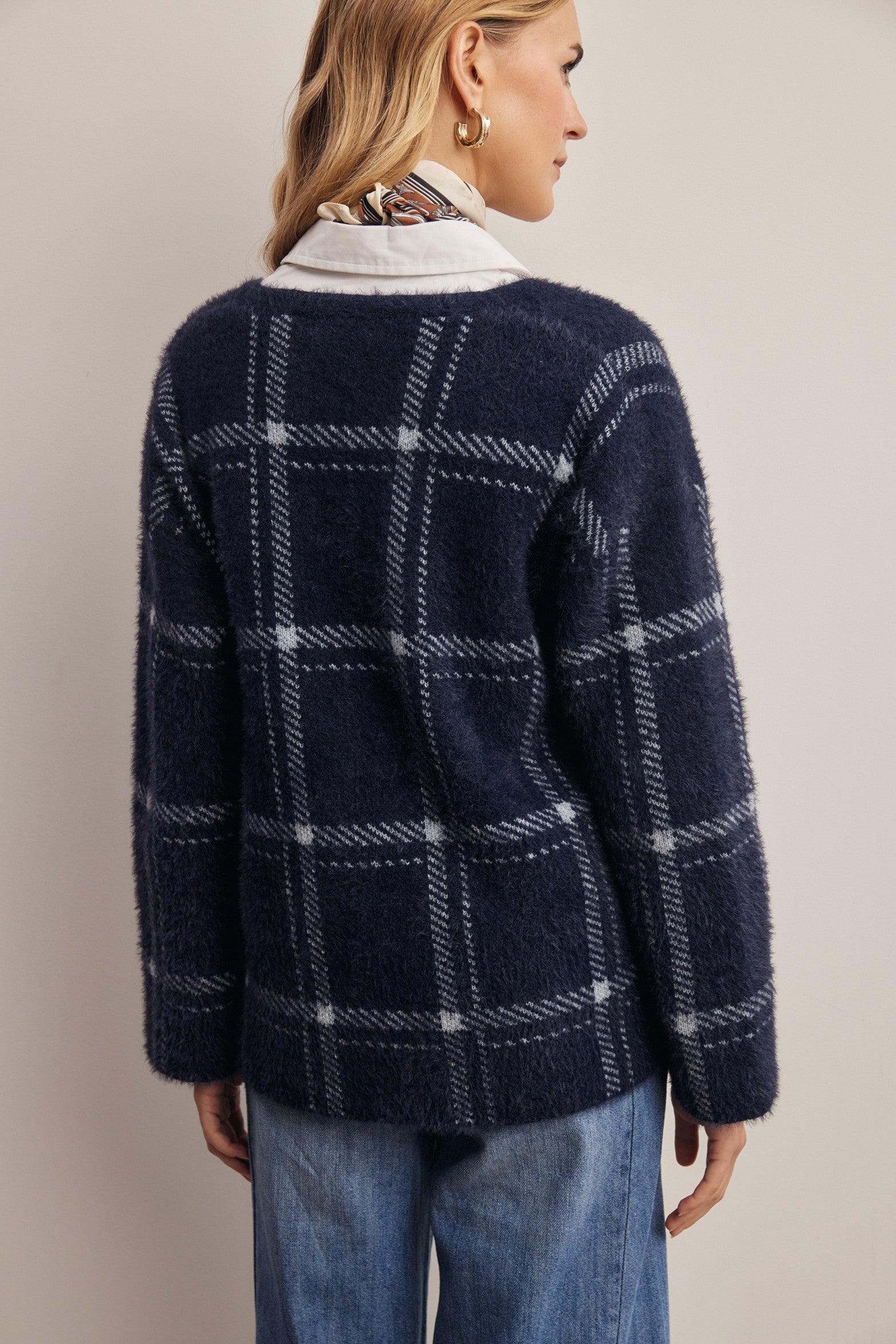 Windowseat Plaid Eyelash Knit Cardigan in Navy, photo 9